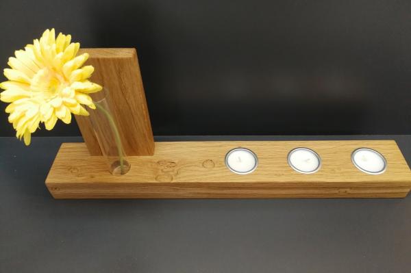 Unikat Tischdeko in Eiche massiv mit Vase und 3 Teelichthalter AKS N°2